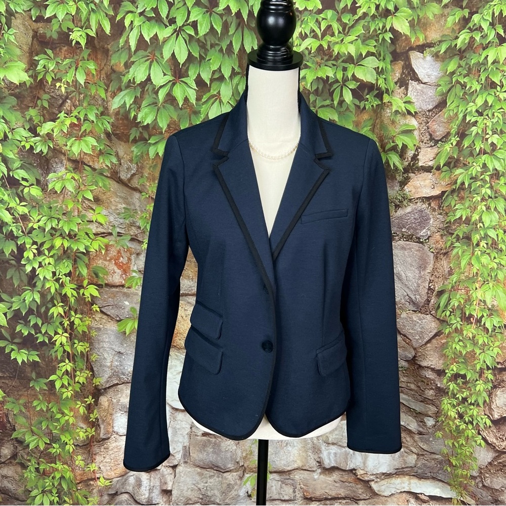 GAP The Academy Dark Academia Navy Blue/Black Trimmed Fitted Preppy Blazer, 8 - Picture 2 of 13